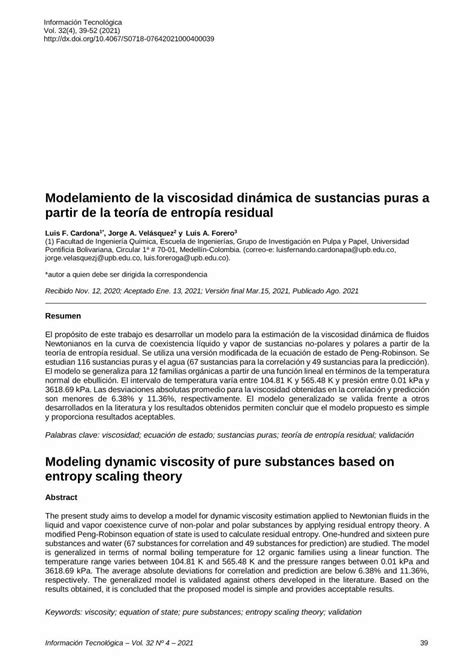 PDF Modelamiento de la viscosidad dinámica de sustancias puras