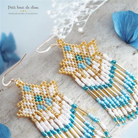 Miyuki Delica Beaded Earrings Dangle Miyuki Earrings With Fringes Blue