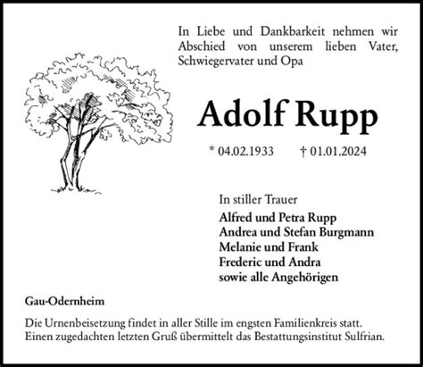 Traueranzeigen Von Adolf Rupp Vrm Trauer De