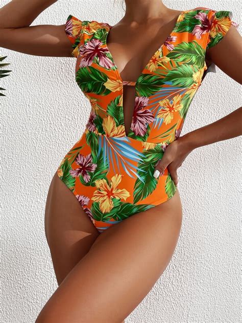 Tropical Print Ruffle Trim Plunging One Piece Swimsuit Shein Usa