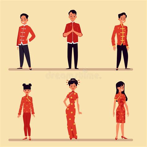 Chinese People In Traditional Red Costume Cartoon Isolated Set Stock