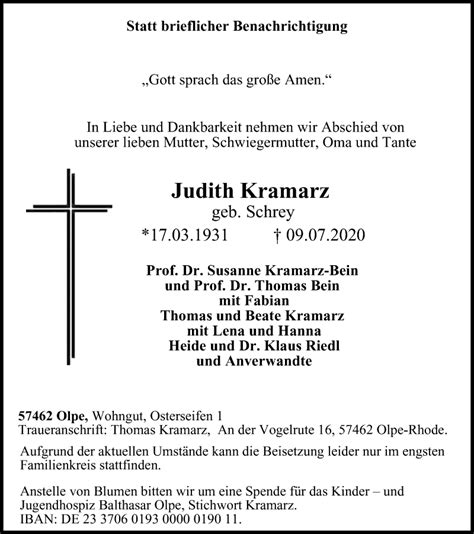 Traueranzeigen Von Judith Kramarz Trauer In Nrw De