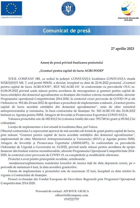 Anun De Pres Privind Finalizarea Proiectului Granturi Pentru Capital