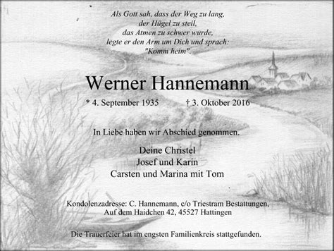 Traueranzeigen Von Werner Hannemann Trauer In Nrw De