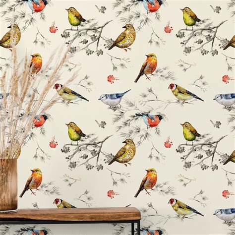 Birds Wallpaper Vintage Style Watercolor Bird Wallpaper Etsy