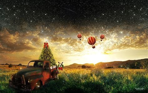 HD wallpaper: red pickup truck with Christmas tree on field wallpaper ...