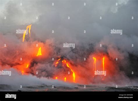 Molten Lava Flowing To The Sea From Kilauea Volcano Big Island Hawaii