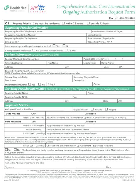 Ongoing Authorization Request Form Health Net Federal Services Fill