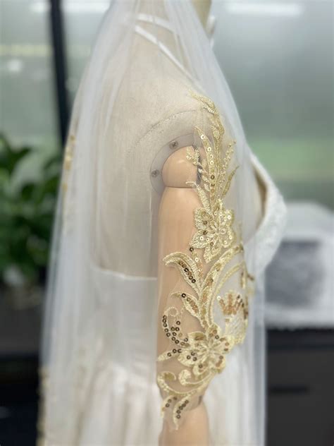 Gold Lace Applique Wedding Veil, Sequined Lace Bridal Veils, Gold Lace