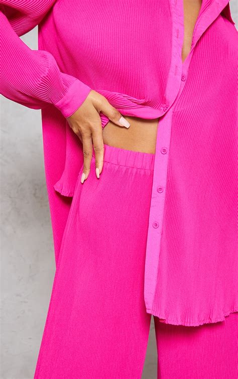 Hot Pink Plisse High Waisted Wide Leg Trousers Prettylittlething Usa