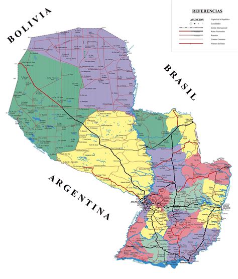 Grande detallado mapa administrativo de Paraguay con carreteras y todas