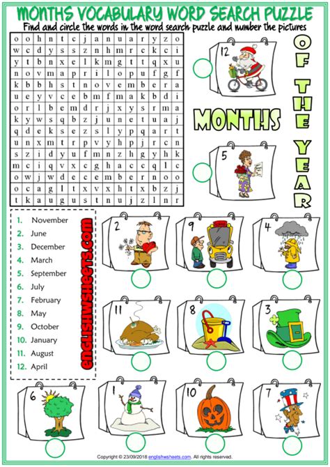 Months Esl Printable Word Search Puzzle Worksheet For Kids