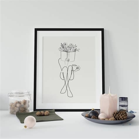 Nude Woman Reading Book Continuous Line Art Sensual Bookish One Line Art Drawing Floral Wall