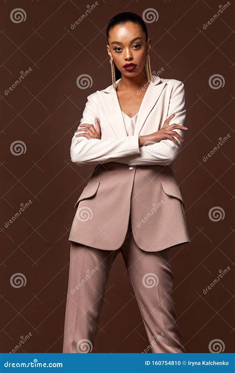 Beautiful Woman Fashion Glamour Model Brunette Hair Makeup Wear Suit Trousers Jacket Clothes
