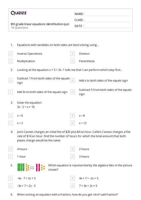 50 Linear Equations Worksheets For Kindergarten On Quizizz Free