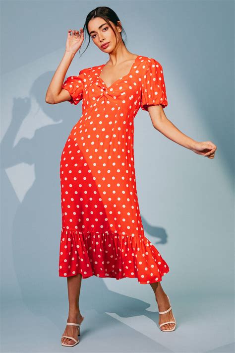 Red Polka Dot Twist Front Midi Dress Roman Uk