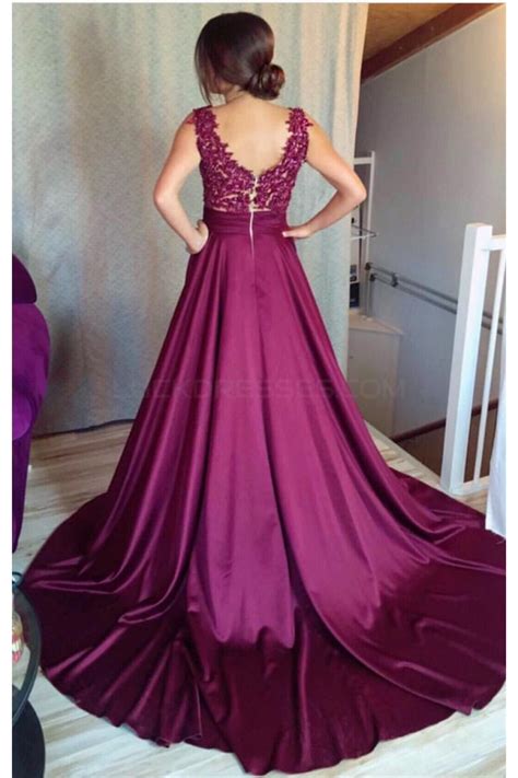 Long Purple Lace V Neck Prom Formal Evening Party Dresses 3021362