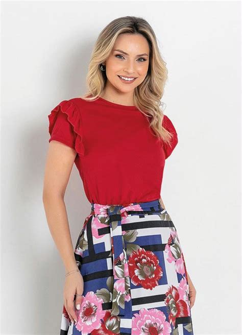 Blusa Babado Vermelha Moda Evang Lica Rosalie