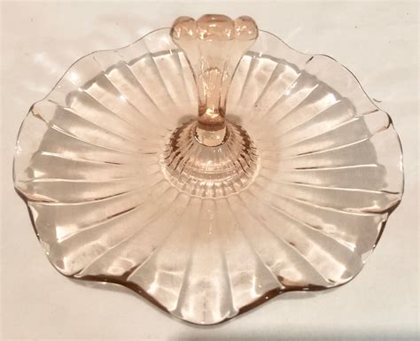 Vintage Blush Pink Depression Glass Handled Mint Tray Serving Candy Jewelry Dish With Carry