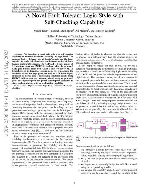 PDF A Novel Fault Tolerant Logic Style With Self Checking Capability