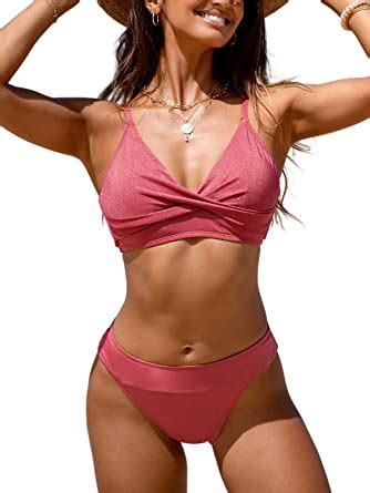 Amazon Cupshe Women Swimsuit Bikini Set Two Piece Wrapped Front Shiny Fabric Widen Band