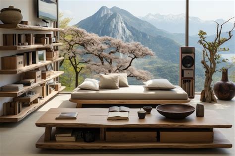 Una sala de estar japandi con inspiración de estilo de tema de color