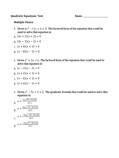 Quadratic Equations Test Name Multiple Choice Pdf