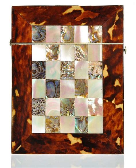 Antique Tortoise Shell Card Case With Mother Of Pearl Abalone