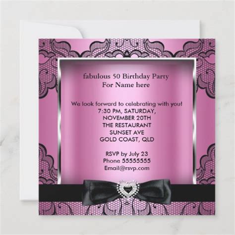 Fabulous 50 Party Pink Damask Black Lace Invitation Zazzle