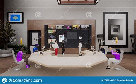 3d Render Of Avatars On Conference In Virtual Office Stock Photo