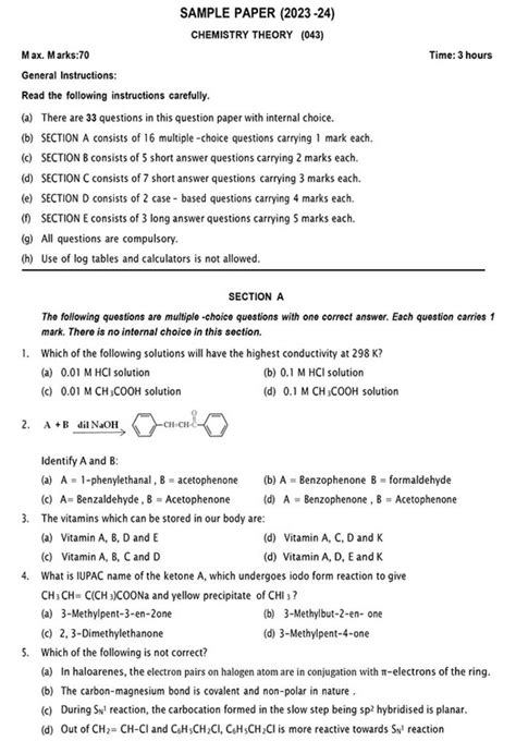 Cbse Class 12th Chemistry Sample Paper 2023 24 And Marking Scheme