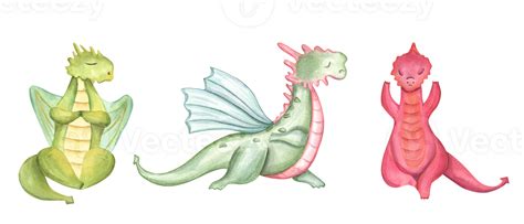 Stylish Dragons Sitting In Lotus Pose And Doing Yoga Winged Animals