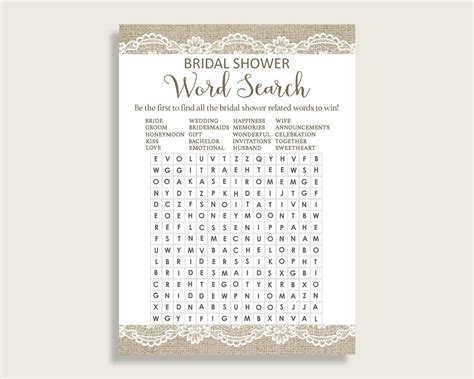 Word Search Bridal Shower Word Search Burlap And Lace Bridal Etsy