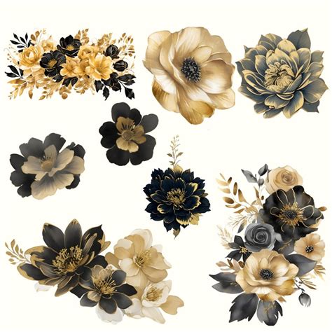 Stunning Watercolor Black And Gold Flower Clipart Printable Png Files