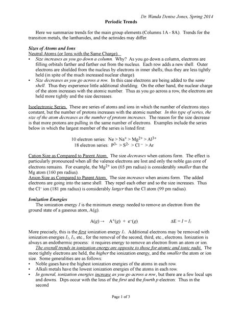 Periodic Trends - worksheets for general chemistry class. - Dr. Wanda ...