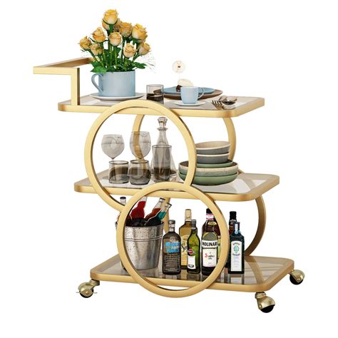 Ouqindesign Unique Gold Bar Carts With 3 Tier Mirrored Shelves Rolling