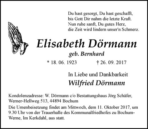 Traueranzeigen Von Elisabeth D Rmann Trauer In Nrw De