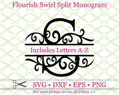 SWIRL FLOURISH SPLIT MONOGRAM-Cricut Silhouette Files SVG DXF EPS PNG ...