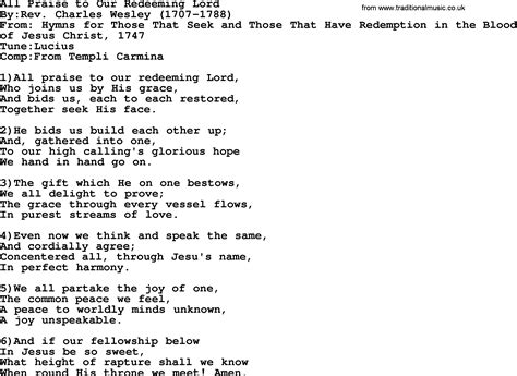 Methodist Hymn All Praise To Our Redeeming Lord Lyrics With Pdf