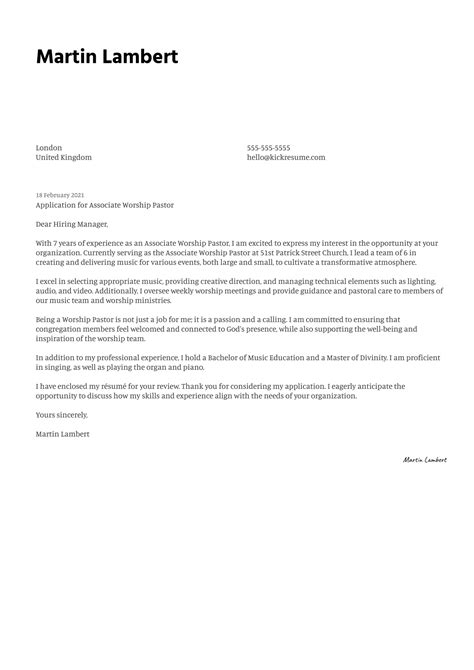 Associate Worship Pastor Cover Letter Template Kickresume