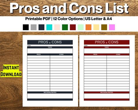 Printable Pros And Cons List Pros And Cons Template Printable Decision Making Template Pros