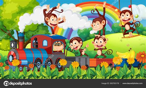 Monkeys Riding Train Garden Illustration Vector De Stock 563793176 De