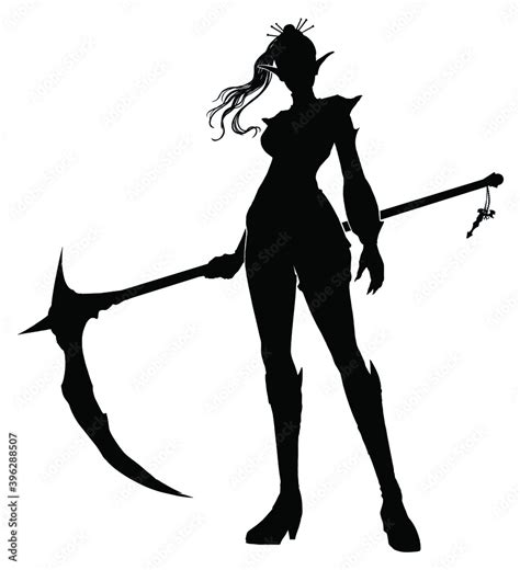 Black Silhouette Of An Elf Girl With A Huge Mystical Scythe With