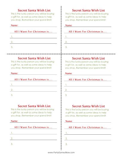 Secret Santa Wish List Cards Printable Christmas Games