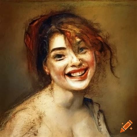 Colorful Charcoal Portrait Of A Laughing Woman With Messy Hair