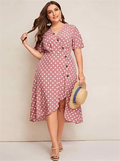 Plus Polka Dot Surplice Front Button Asymmetric Hem Dress In 2023 One