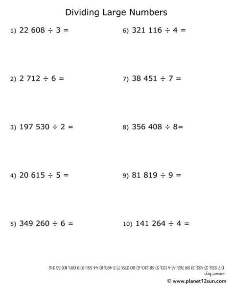 Large Numbers Division Printables