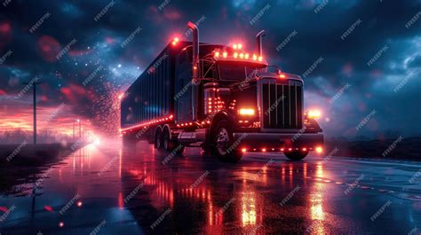 Premium Photo | Semi Truck Driving Down Wet Road at Night