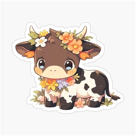 Cute Kawaii Cow In Summer Flowers In Cottagecore And Rustic Style By