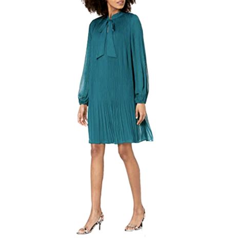 Dkny Womens Long Sleeve Tie Neck Pleated Shift Dress Emerald Sea Us